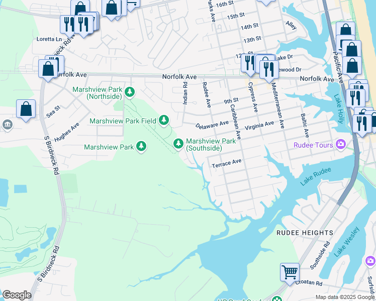 map of restaurants, bars, coffee shops, grocery stores, and more near 622 Sea Oats Way in Virginia Beach