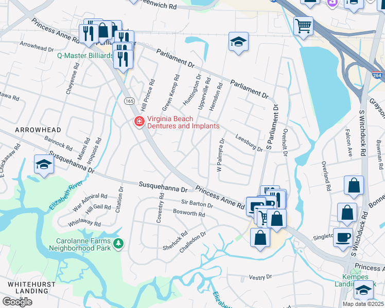 map of restaurants, bars, coffee shops, grocery stores, and more near 232 Coventry Road in Virginia Beach