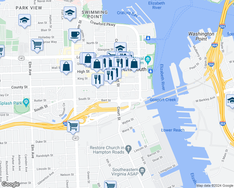 map of restaurants, bars, coffee shops, grocery stores, and more near 802A Court Street in Portsmouth