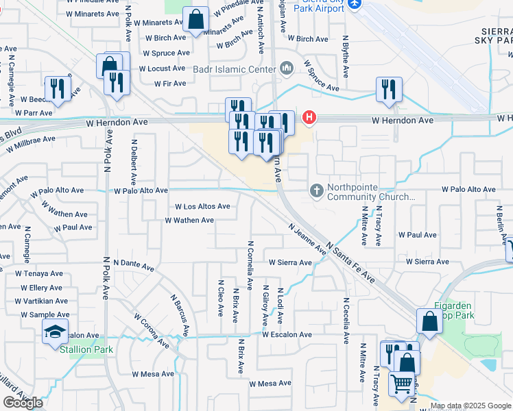 map of restaurants, bars, coffee shops, grocery stores, and more near 6558 North Lodi Avenue in Fresno
