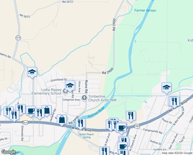 map of restaurants, bars, coffee shops, grocery stores, and more near 602 21 Ruins Road in Aztec