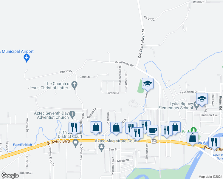 map of restaurants, bars, coffee shops, grocery stores, and more near 3516 Rhodes Drive in Aztec