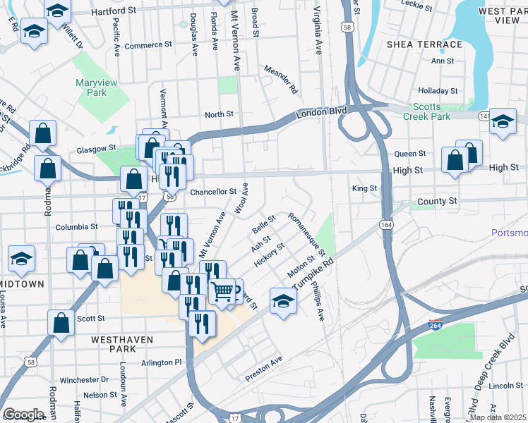 map of restaurants, bars, coffee shops, grocery stores, and more near 616 Phillips Avenue in Portsmouth