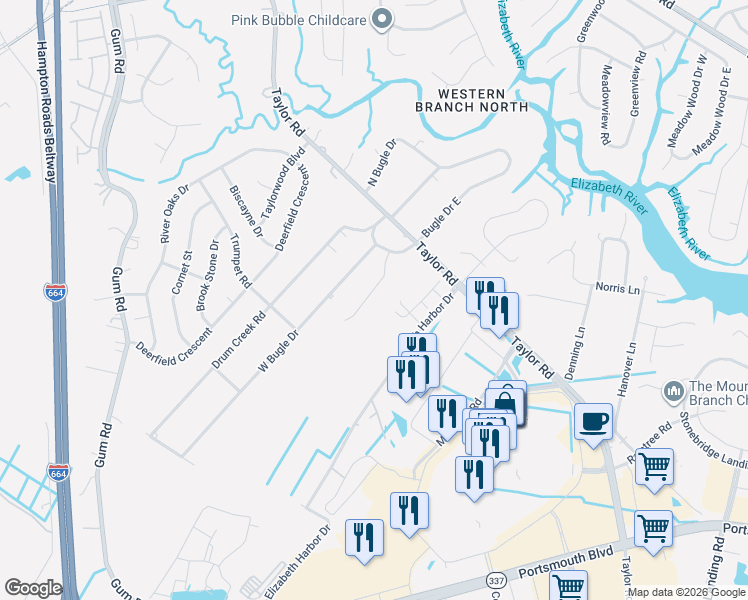 map of restaurants, bars, coffee shops, grocery stores, and more near 2814 Taylor Road in Chesapeake