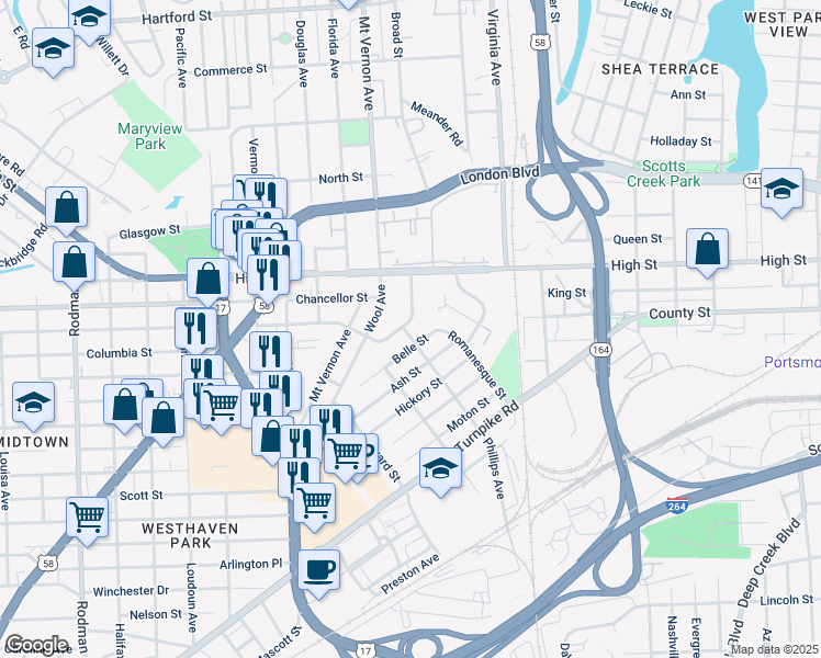 map of restaurants, bars, coffee shops, grocery stores, and more near 616 Phillips Avenue in Portsmouth