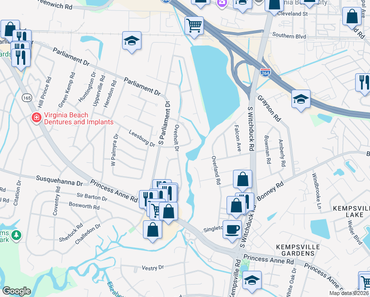 map of restaurants, bars, coffee shops, grocery stores, and more near 5221 Executive Boulevard in Virginia Beach