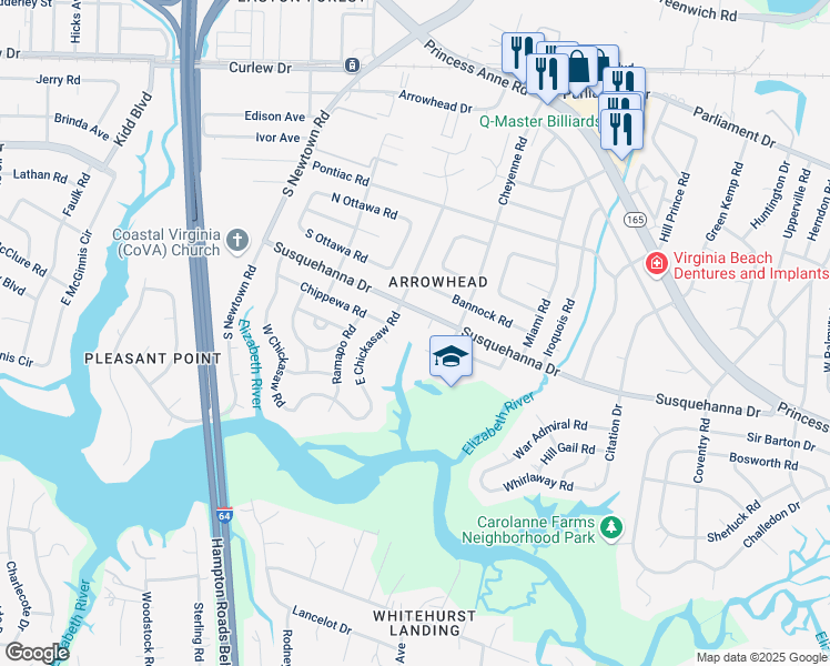 map of restaurants, bars, coffee shops, grocery stores, and more near 5721 Susquehanna Drive in Virginia Beach