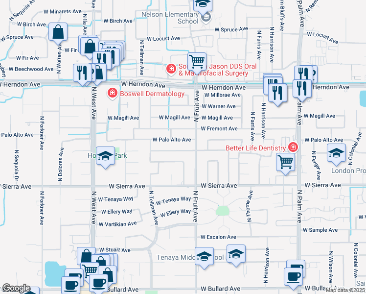 map of restaurants, bars, coffee shops, grocery stores, and more near 1454 West Paul Avenue in Fresno