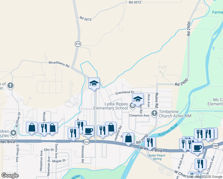 map of restaurants, bars, coffee shops, grocery stores, and more near 1405 Parkland Circle in Aztec