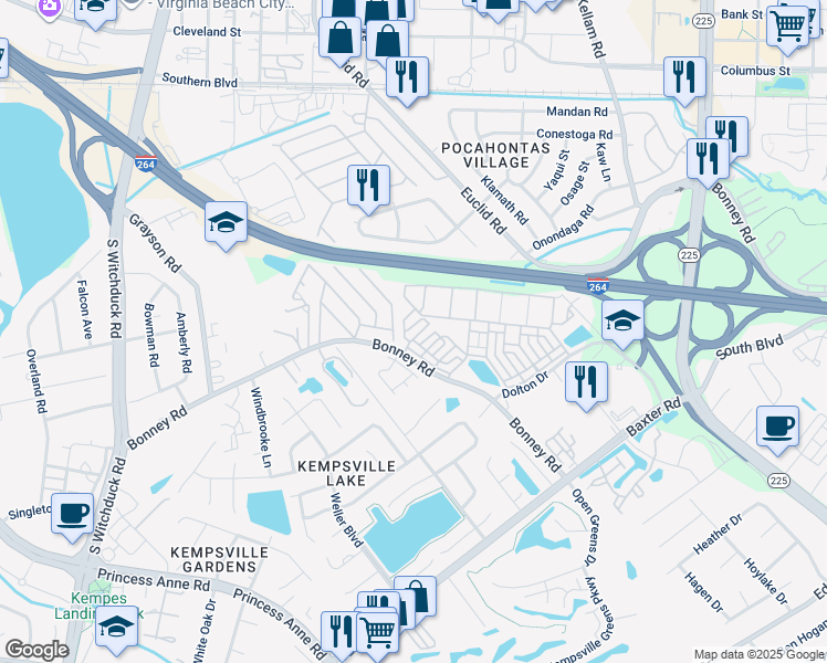 map of restaurants, bars, coffee shops, grocery stores, and more near Bonney Road in Virginia Beach