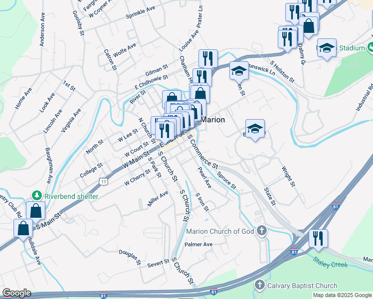 map of restaurants, bars, coffee shops, grocery stores, and more near 215 East Cherry Street in Marion