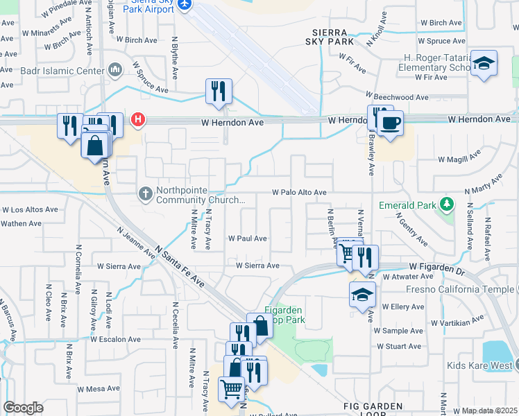 map of restaurants, bars, coffee shops, grocery stores, and more near 6558 North Bendel Avenue in Fresno