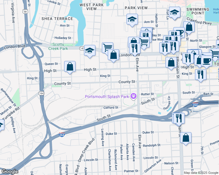 map of restaurants, bars, coffee shops, grocery stores, and more near 710 Twine Avenue in Portsmouth