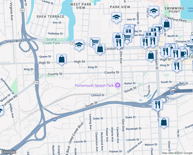 map of restaurants, bars, coffee shops, grocery stores, and more near 710 Twine Avenue in Portsmouth