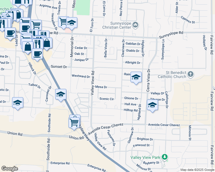 map of restaurants, bars, coffee shops, grocery stores, and more near 1341 Mesa Drive in Hollister