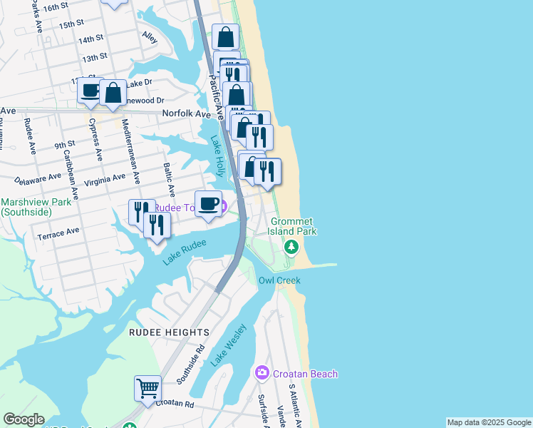 map of restaurants, bars, coffee shops, grocery stores, and more near 303 Atlantic Avenue in Virginia Beach