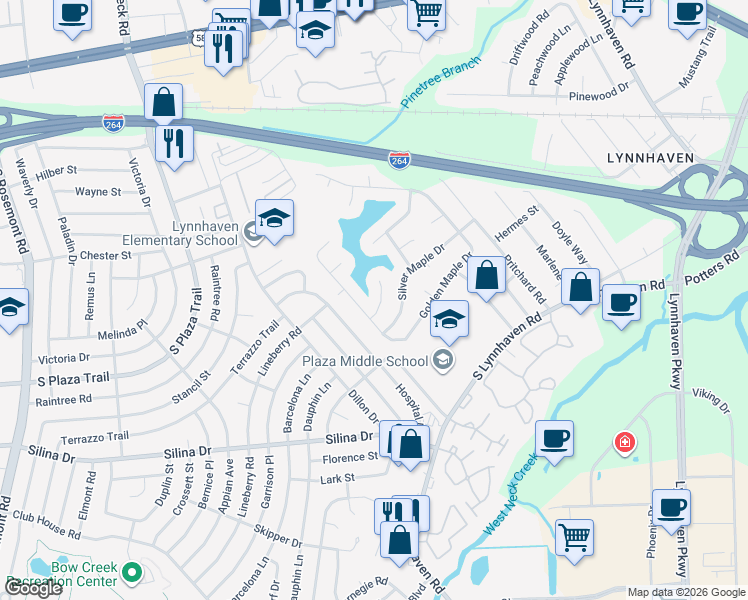 map of restaurants, bars, coffee shops, grocery stores, and more near 3025 Red Maple Lane in Virginia Beach
