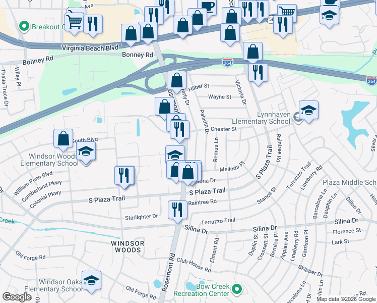 map of restaurants, bars, coffee shops, grocery stores, and more near 228 Virginia 411 in Virginia Beach