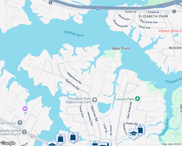 map of restaurants, bars, coffee shops, grocery stores, and more near 4009 Ridgewood Court in Chesapeake