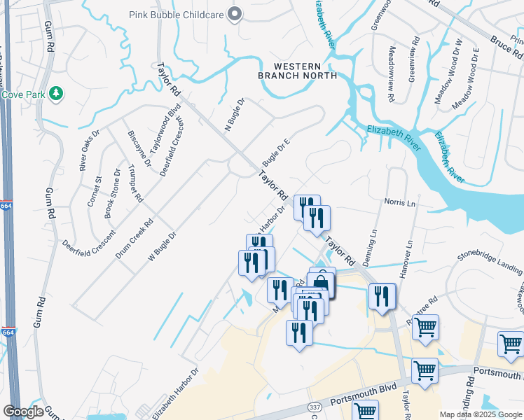 map of restaurants, bars, coffee shops, grocery stores, and more near 2804 Taylor Road in Chesapeake