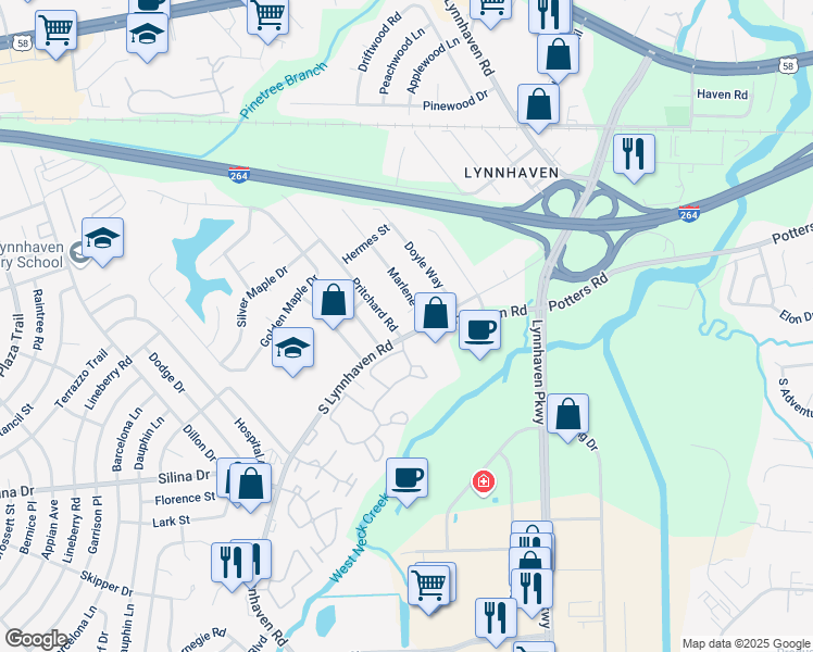map of restaurants, bars, coffee shops, grocery stores, and more near 2948 South Lynnhaven Road in Virginia Beach