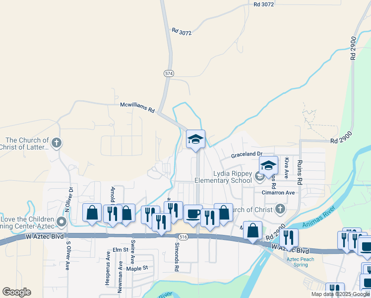 map of restaurants, bars, coffee shops, grocery stores, and more near 455 North Light Plant Road in Aztec