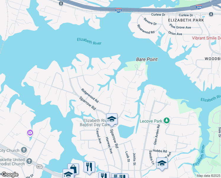 map of restaurants, bars, coffee shops, grocery stores, and more near 3548 Bow Street in Virginia Beach