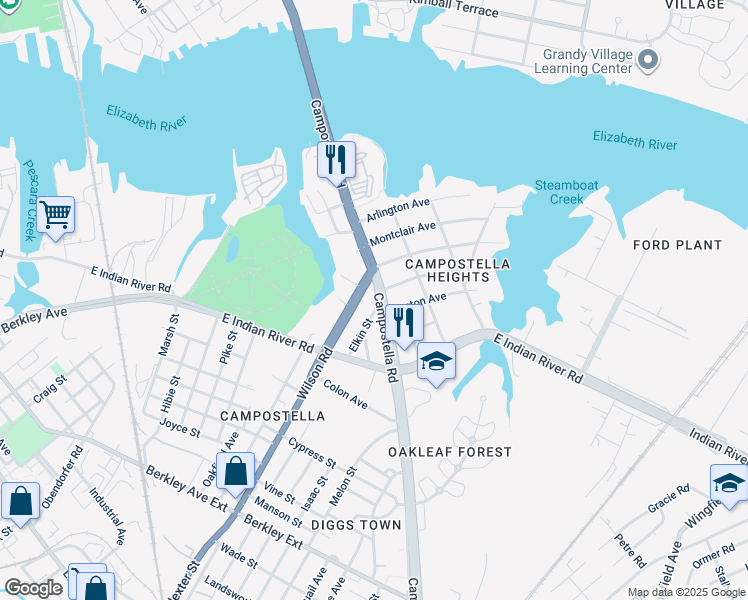 map of restaurants, bars, coffee shops, grocery stores, and more near 805 Campostella Road in Norfolk