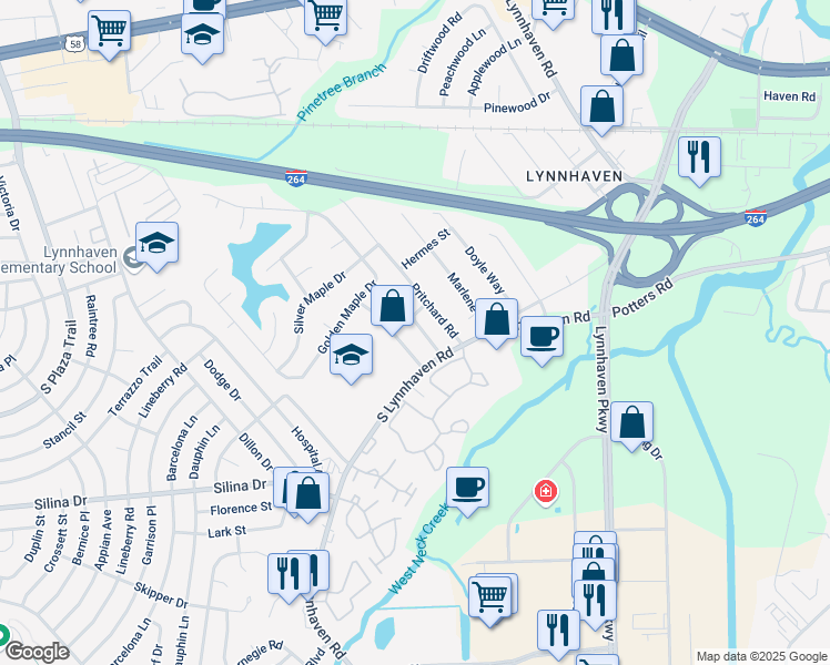 map of restaurants, bars, coffee shops, grocery stores, and more near 252 Tobin Arch in Virginia Beach