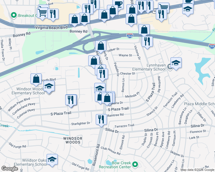 map of restaurants, bars, coffee shops, grocery stores, and more near 228 Virginia 411 in Virginia Beach