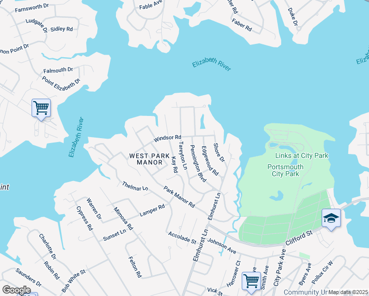 map of restaurants, bars, coffee shops, grocery stores, and more near 315 Pennington Boulevard in Portsmouth