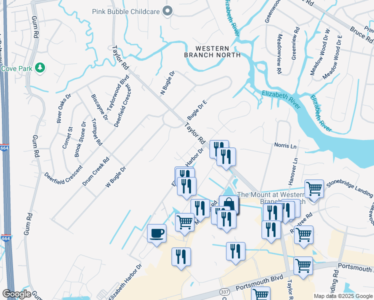 map of restaurants, bars, coffee shops, grocery stores, and more near 2804 Taylor Road in Chesapeake