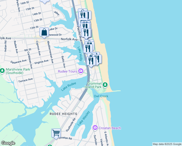 map of restaurants, bars, coffee shops, grocery stores, and more near 215 4th Street in Virginia Beach