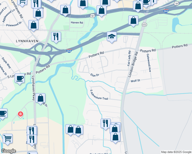 map of restaurants, bars, coffee shops, grocery stores, and more near 2505 Elon Drive in Virginia Beach