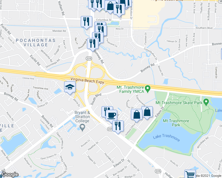 map of restaurants, bars, coffee shops, grocery stores, and more near 4560 South Boulevard in Virginia Beach