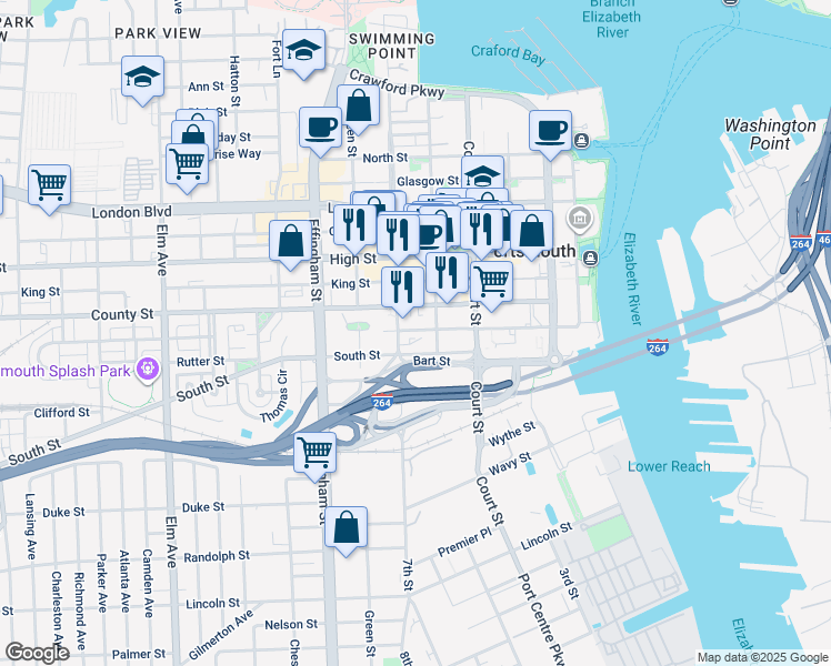 map of restaurants, bars, coffee shops, grocery stores, and more near 527 Columbia Street in Portsmouth