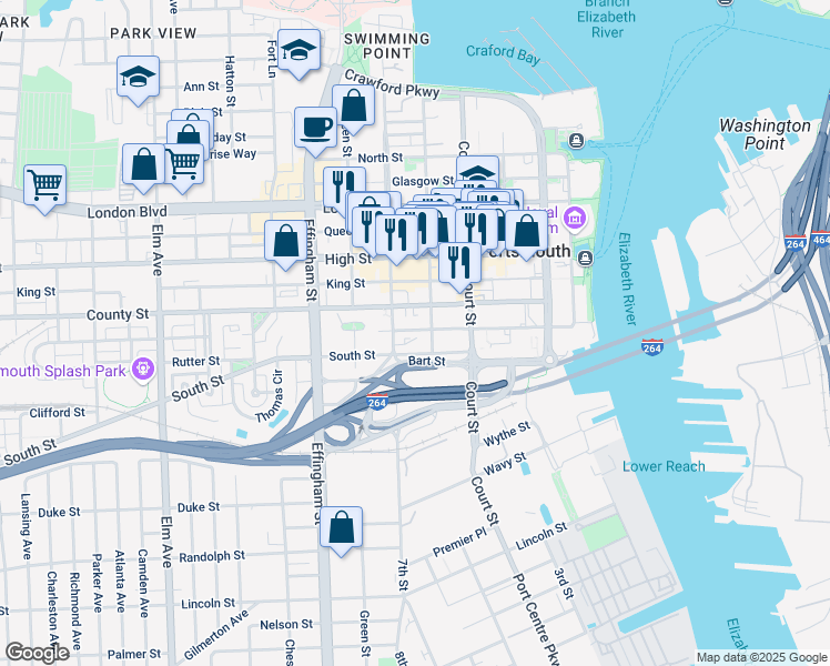 map of restaurants, bars, coffee shops, grocery stores, and more near 519 Columbia Street in Portsmouth