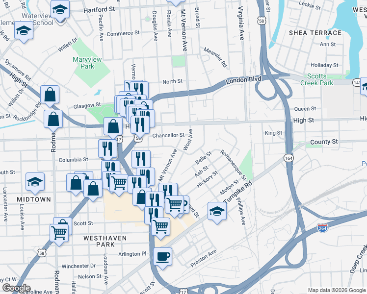map of restaurants, bars, coffee shops, grocery stores, and more near 1400 Wool Avenue in Portsmouth