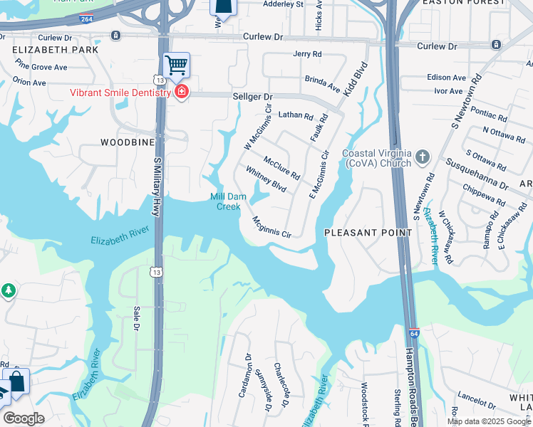map of restaurants, bars, coffee shops, grocery stores, and more near 5917 Midge Crescent in Norfolk