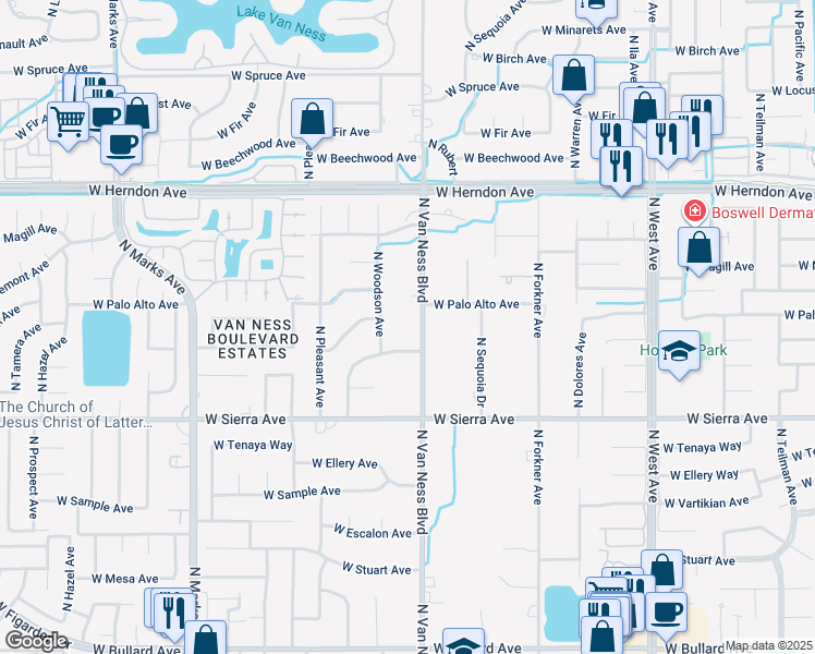 map of restaurants, bars, coffee shops, grocery stores, and more near 2460 West Menlo Avenue in Fresno