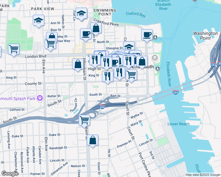 map of restaurants, bars, coffee shops, grocery stores, and more near 546 South Street in Portsmouth