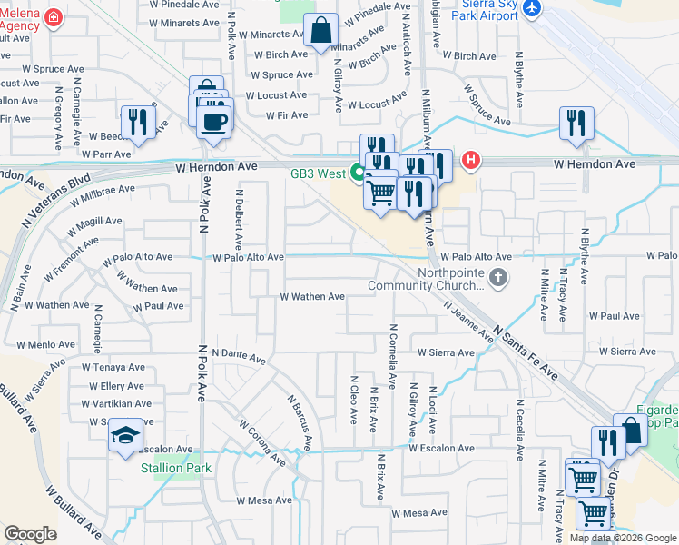map of restaurants, bars, coffee shops, grocery stores, and more near 5136 West Los Altos Avenue in Fresno