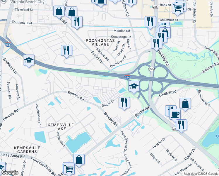 map of restaurants, bars, coffee shops, grocery stores, and more near 4865 Travertine Avenue in Virginia Beach