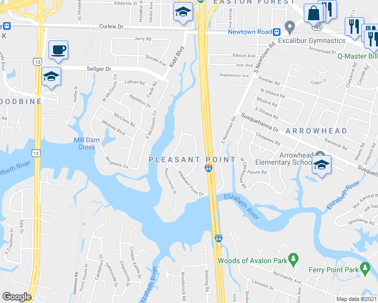 map of restaurants, bars, coffee shops, grocery stores, and more near 6005 Dorwin Circle in Norfolk