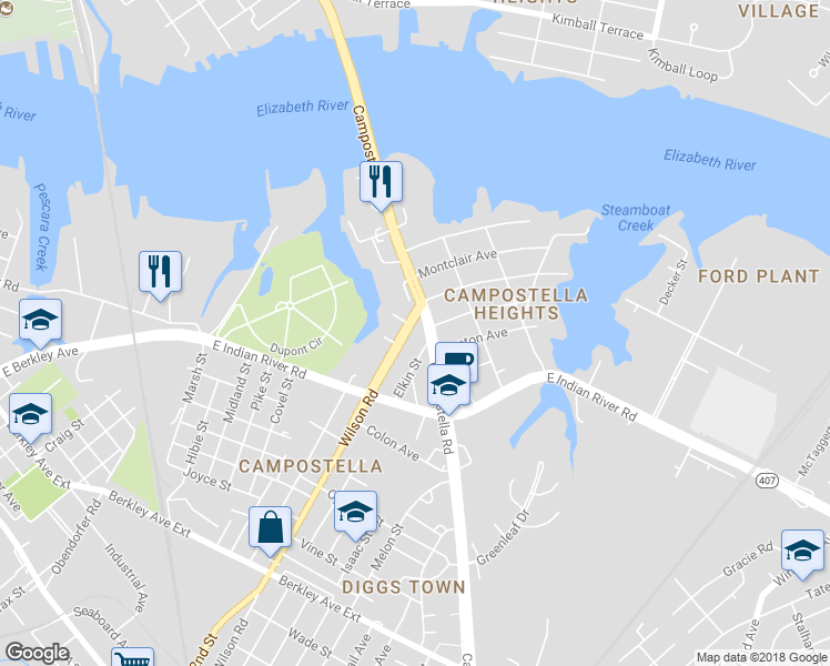 map of restaurants, bars, coffee shops, grocery stores, and more near 806 Wilson Road in Norfolk