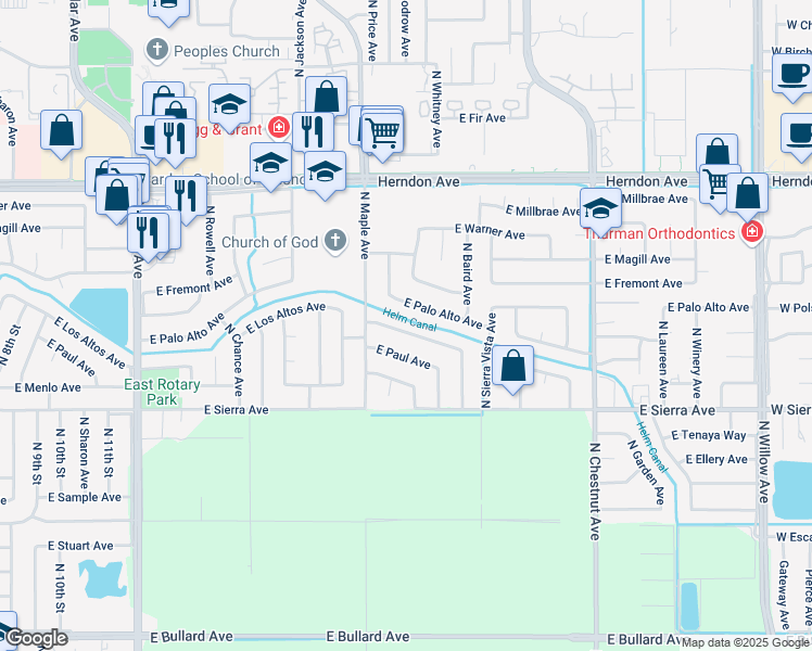 map of restaurants, bars, coffee shops, grocery stores, and more near 2569 East Los Altos Avenue in Fresno
