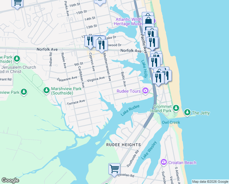map of restaurants, bars, coffee shops, grocery stores, and more near 408 Mediterranean Avenue in Virginia Beach