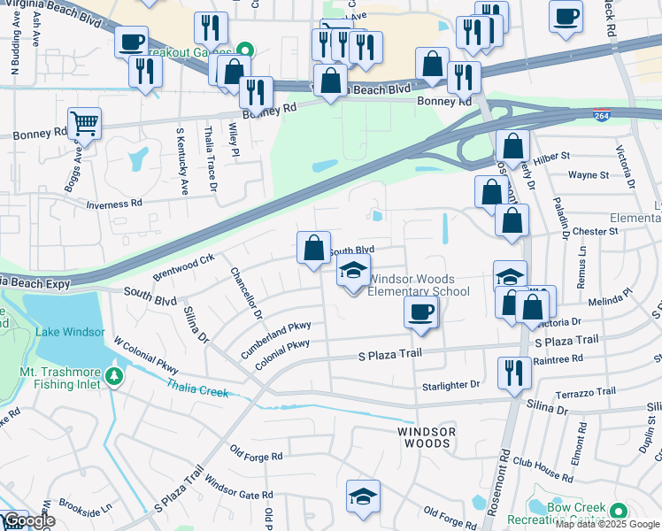 map of restaurants, bars, coffee shops, grocery stores, and more near 3776 Historyland Drive in Virginia Beach