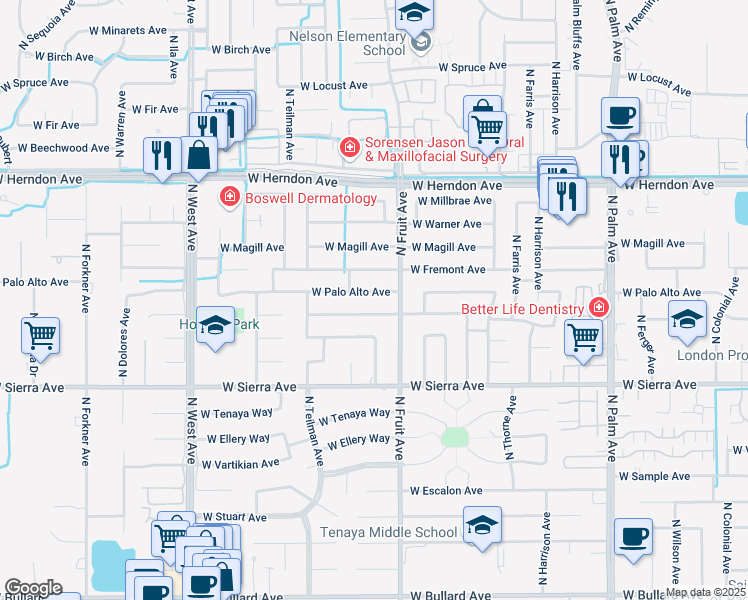 map of restaurants, bars, coffee shops, grocery stores, and more near 1454 West Paul Avenue in Fresno