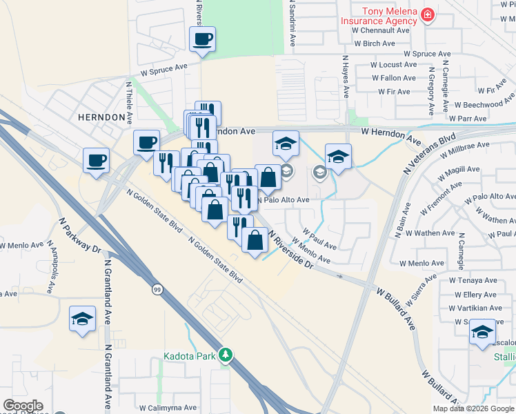 map of restaurants, bars, coffee shops, grocery stores, and more near 6389 West Los Altos Avenue in Fresno
